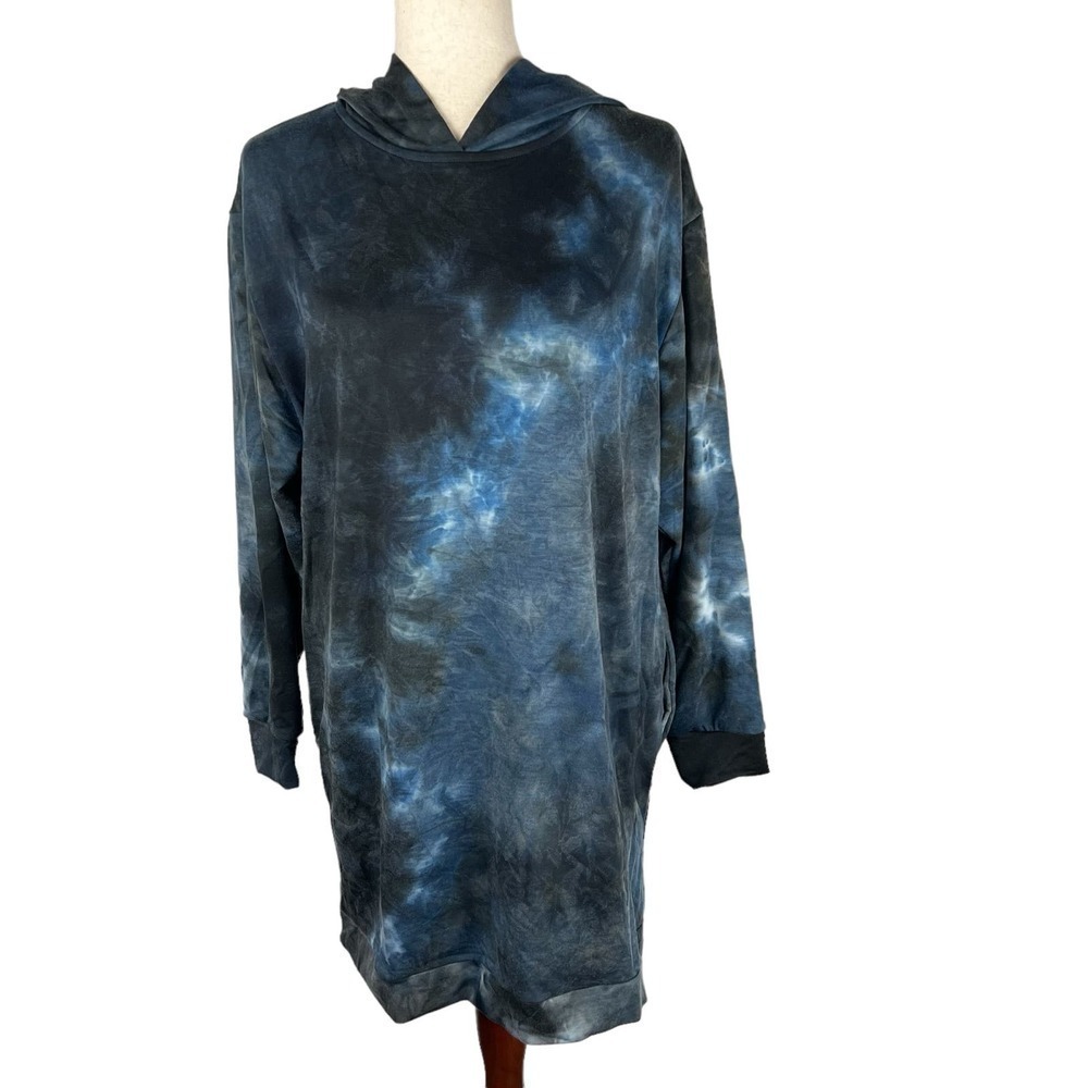 FRAICHE BY J TIE DYE LONG SLEEVE HOODIE MINI DRESS IN BLUE NWT WOMEN'S SMALL - Picture 2 of 16